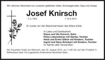 Traueranzeige von Josef Knirsch von Pegnitz-Zeitung